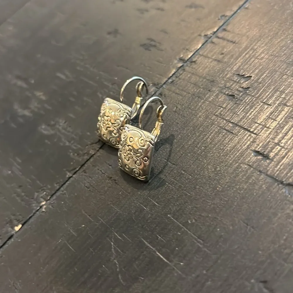 Silver Tone Square Floral Engraved Dangle Earrings​